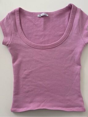 Zara Pink Ribbed Scoop Neck T-Shirt